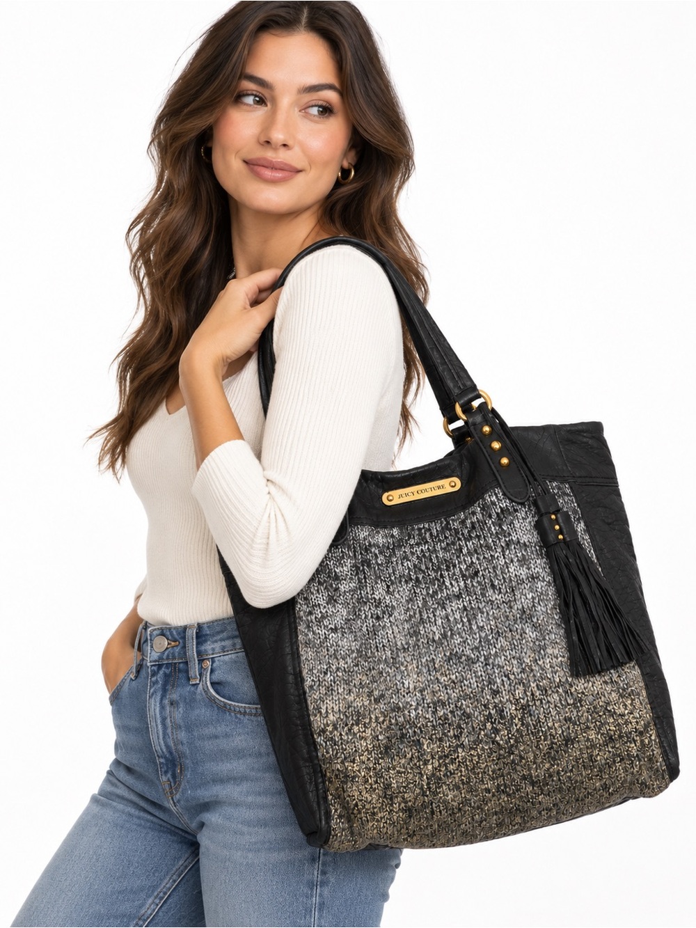 JUICY COUTURE vintage black leather and Metallic Knit Tote Bag with Tassel